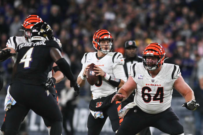 Oct 9, 2022; Baltimore, Maryland, USA; Cincinnati Bengals quarterback Joe Burrow (9) drops back top pass during the second quarter against the Baltimore Ravens at M&T Bank Stadium. Mandatory Credit: Tommy Gilligan-USA TODAY Sports